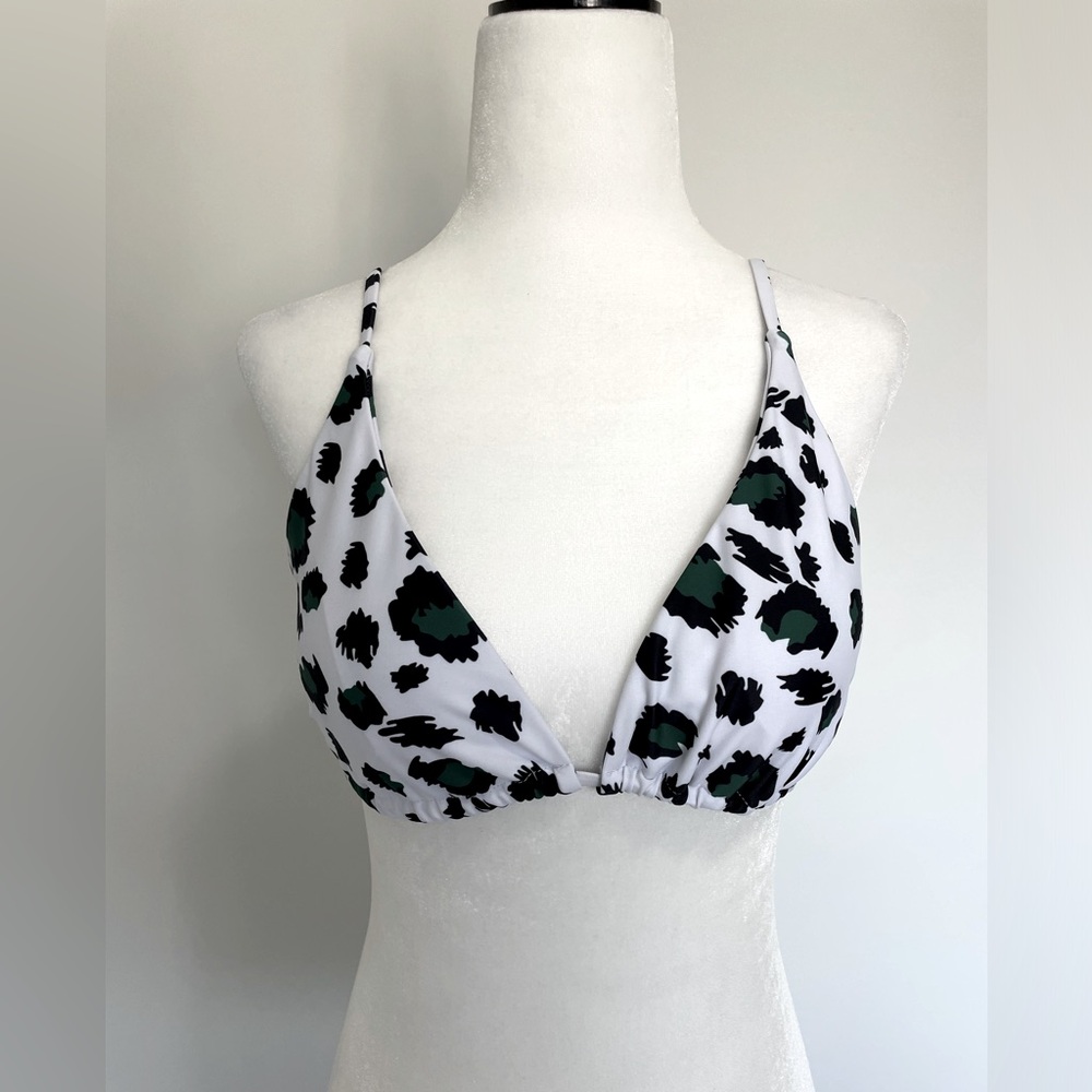 Zaful White Black Green Cheetah Print Bikini Top with Adjustable Straps - Large